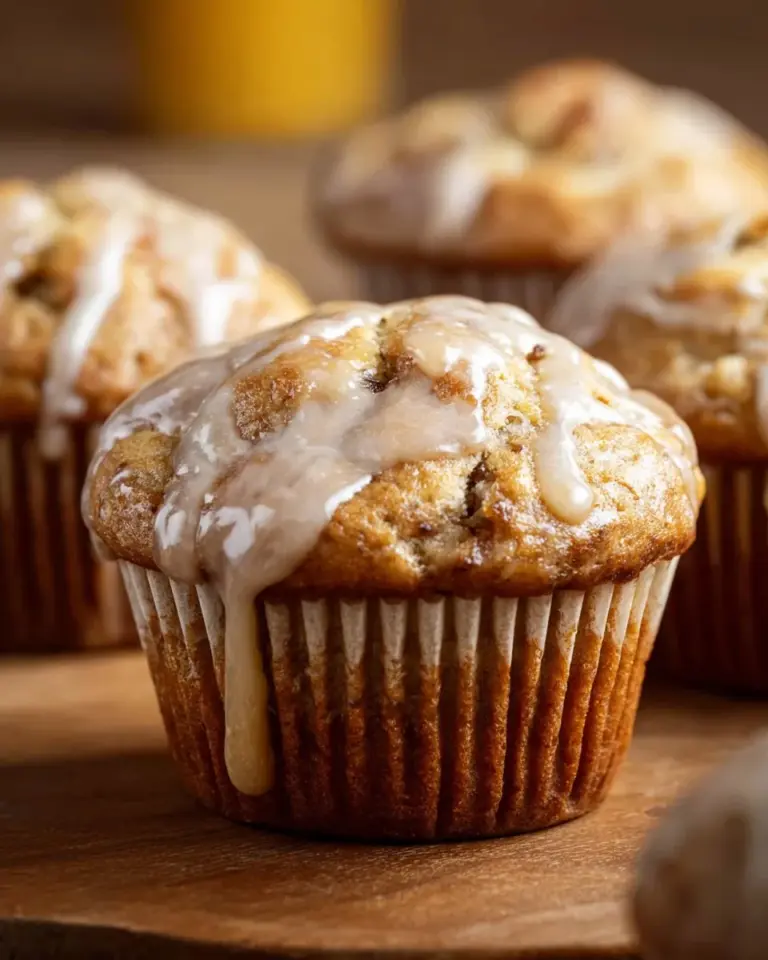 Delicious banana muffins topped with vanilla caramel glaze on a plate