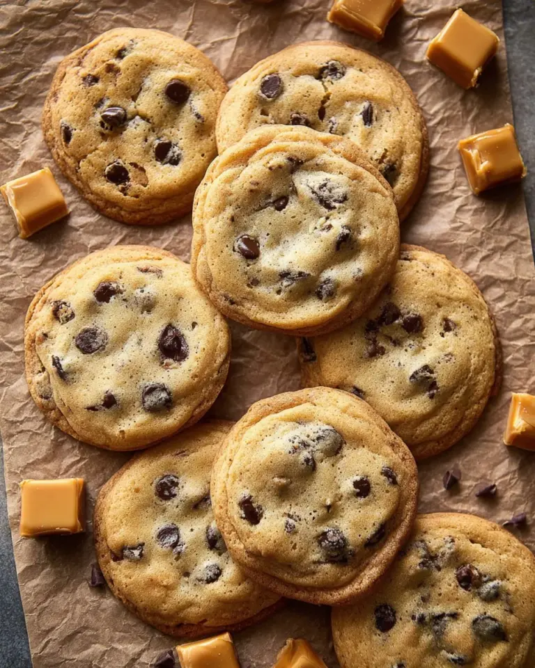 Caramel stuffed chocolate chip cookies freshly baked and ready to enjoy