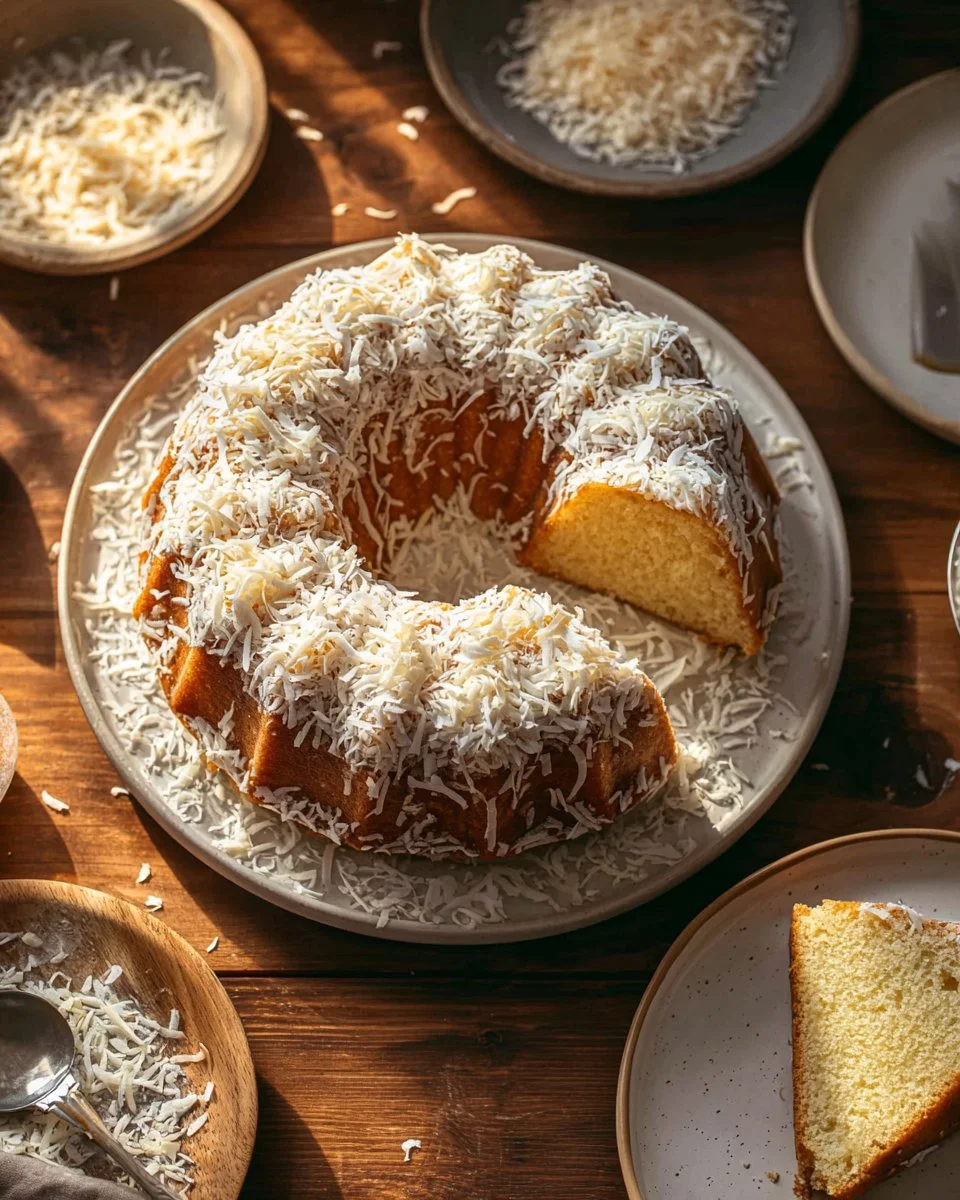 Deliciously moist Coconut Pound Cake on a plate garnished with coconut flakes