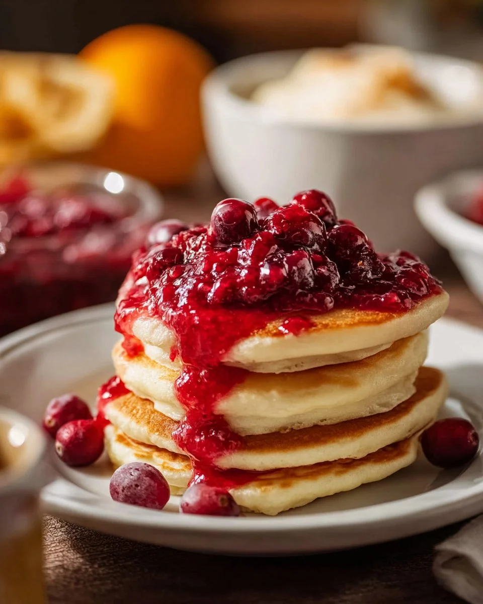 Fluffy cranberry orange buttermilk pancakes served with syrup on a plate.