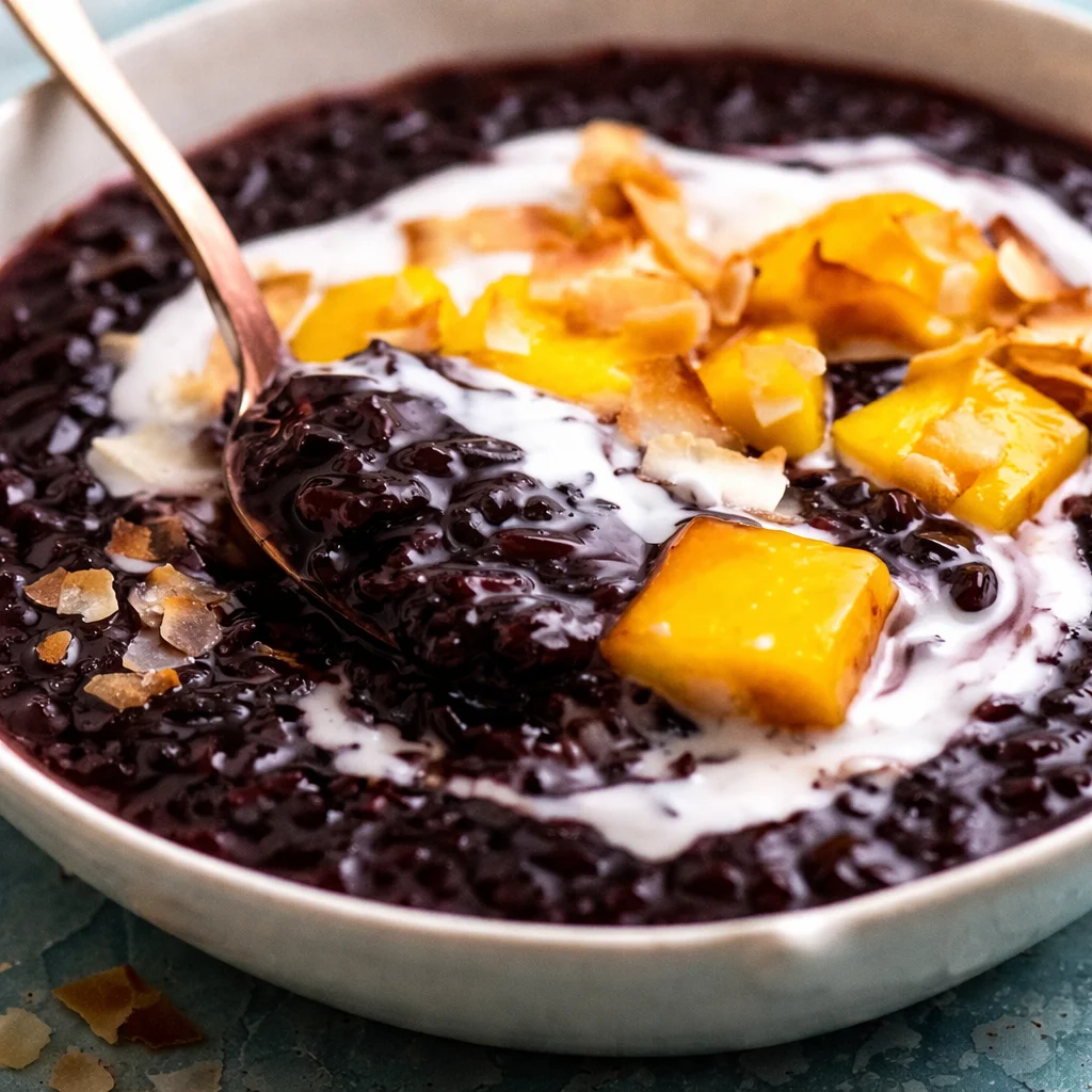 Bowl of black sticky rice pudding with coconut milk topping.