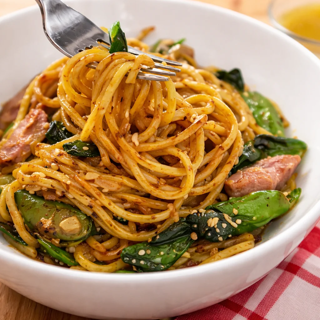 Delicious egg noodle pad see ew with scrambled eggs and vegetables stir-fried in savory sauce.