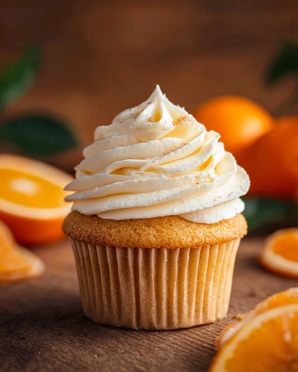 Delicious Orange Creamsicle Buttercream swirled on a cupcake