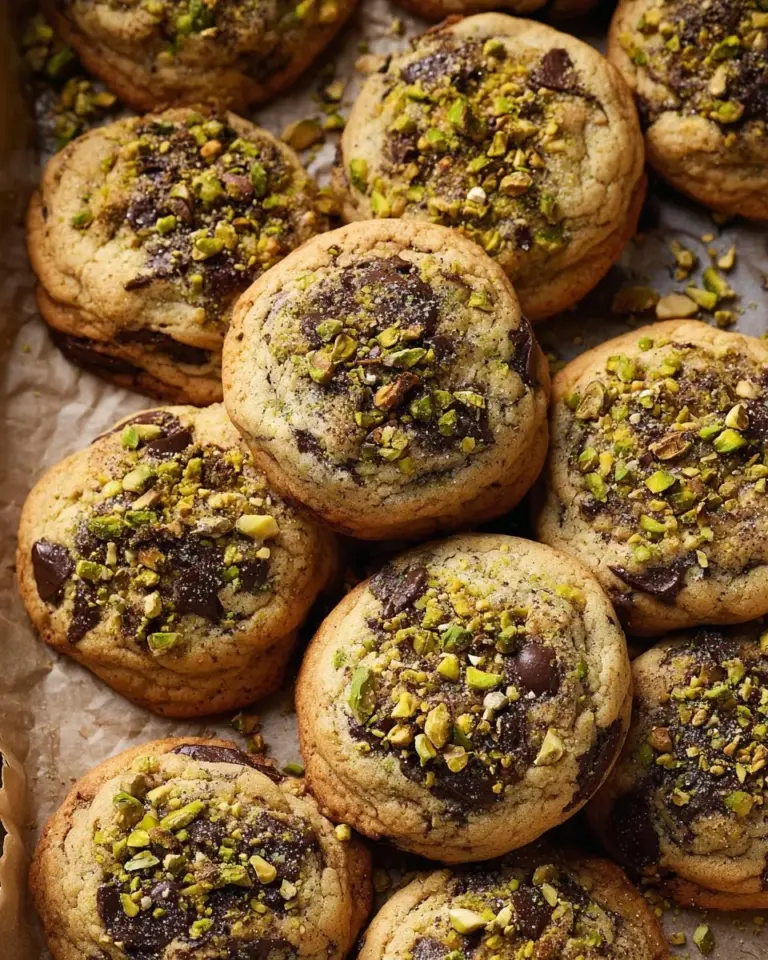 Freshly baked Pistachio Chocolate Chip Cookies on a cooling rack