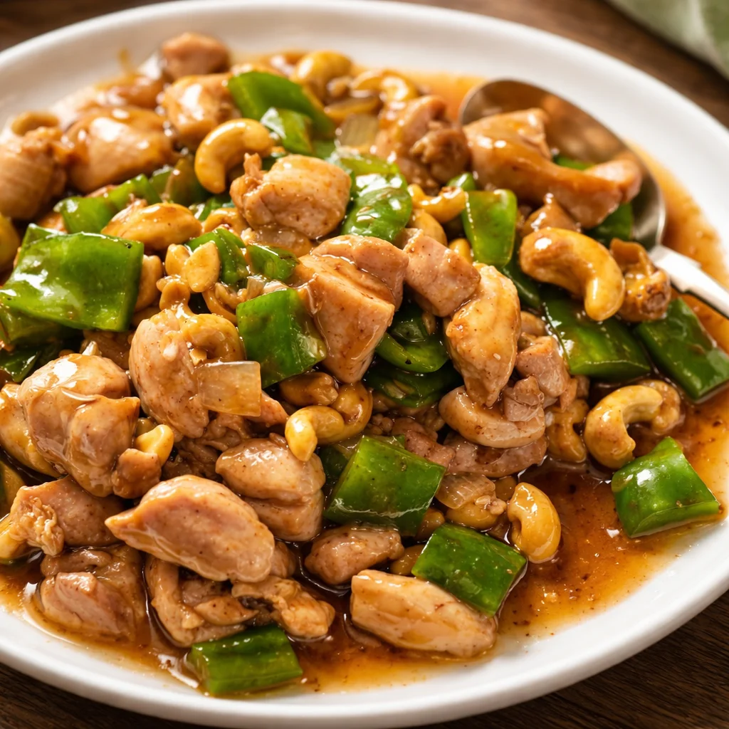 Homemade cashew chicken stir fry with juicy chicken, vegetables, and crunchy cashews.