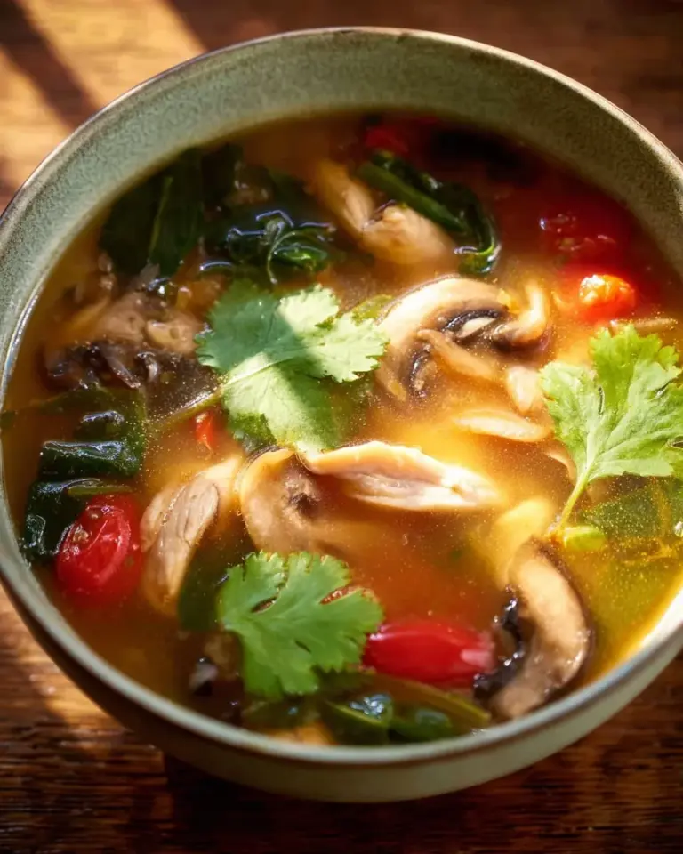 Bowl of authentic Thai Tom Yum Soup with chicken, garnished with herbs.