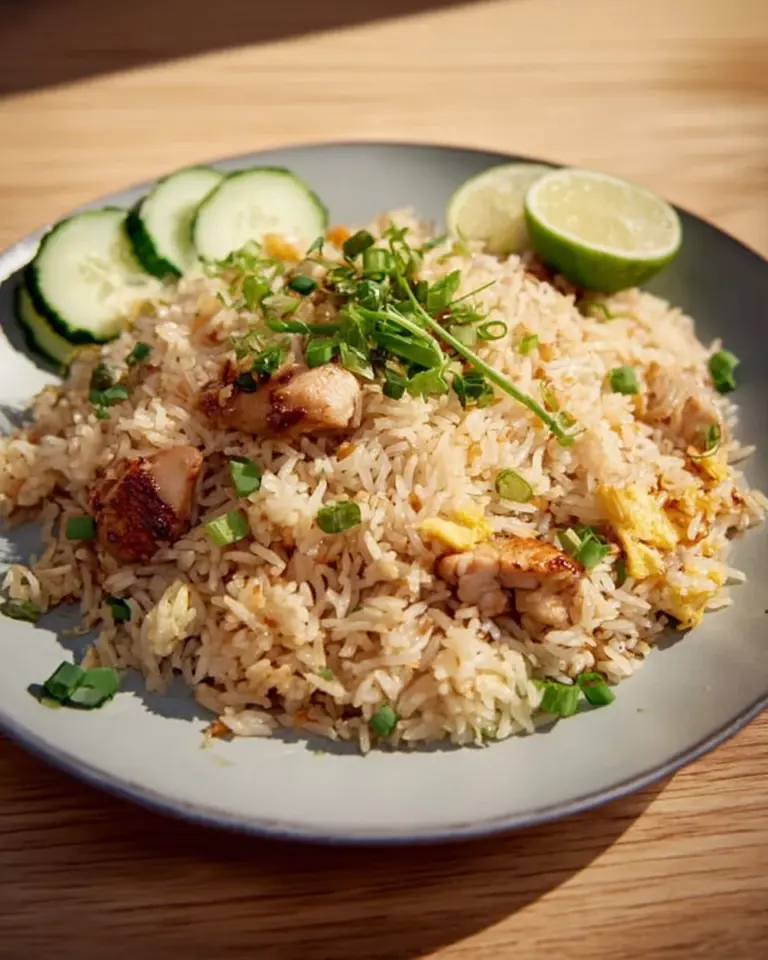 Basic Thai fried rice garnished with vegetables and served in a bowl.