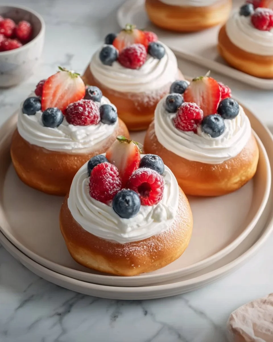 Freshly made Berry Cream Donuts with vibrant berries and smooth cream filling.