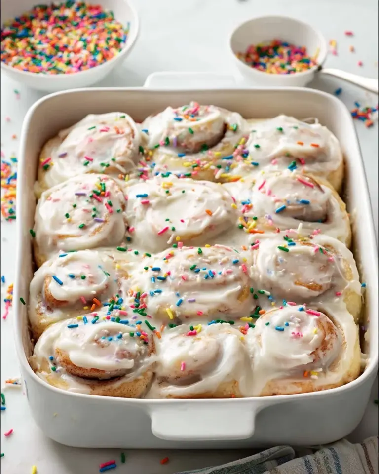 Birthday cake cinnamon rolls drizzled with frosting and colorful sprinkles.