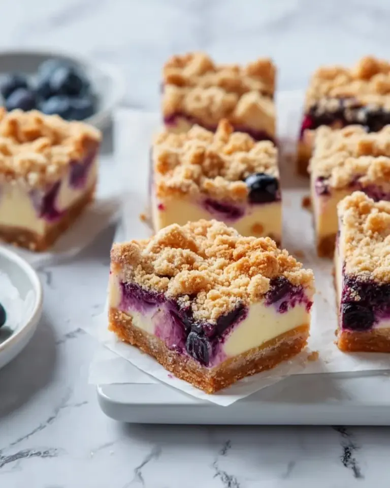 Blueberry cheesecake crumb bars topped with brown butter crumble