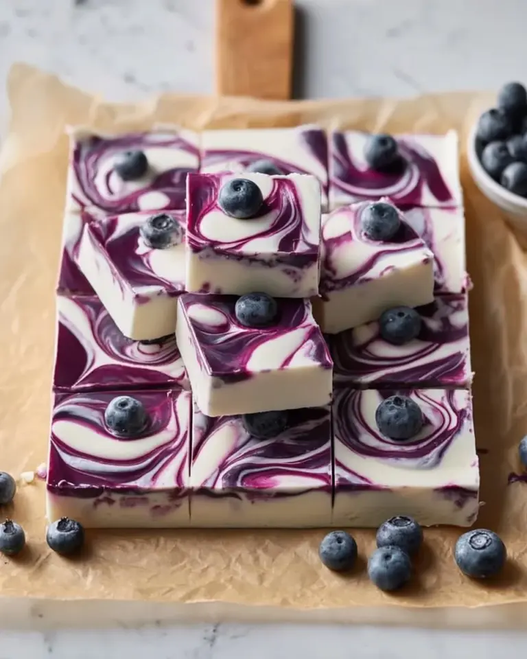 Blueberry cheesecake yogurt bark with fresh blueberries and a creamy, tasty topping