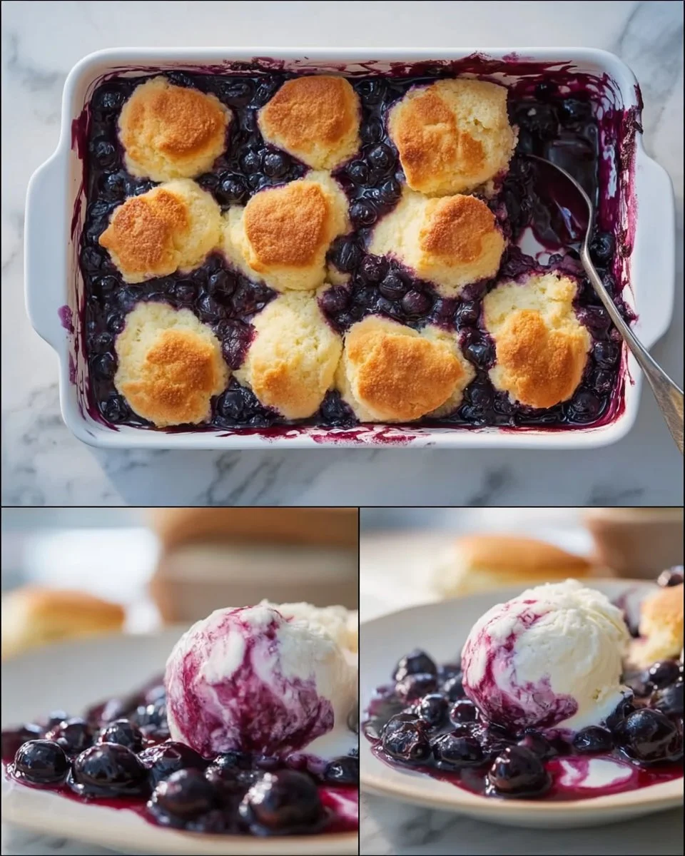 Delicious homemade blueberry cobbler served in a baking dish
