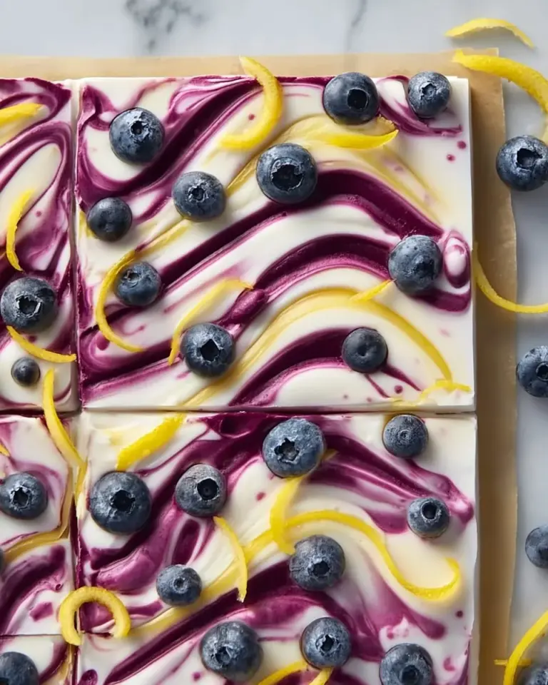 Blueberry lemon yogurt bark topped with fresh blueberries and lemon zest