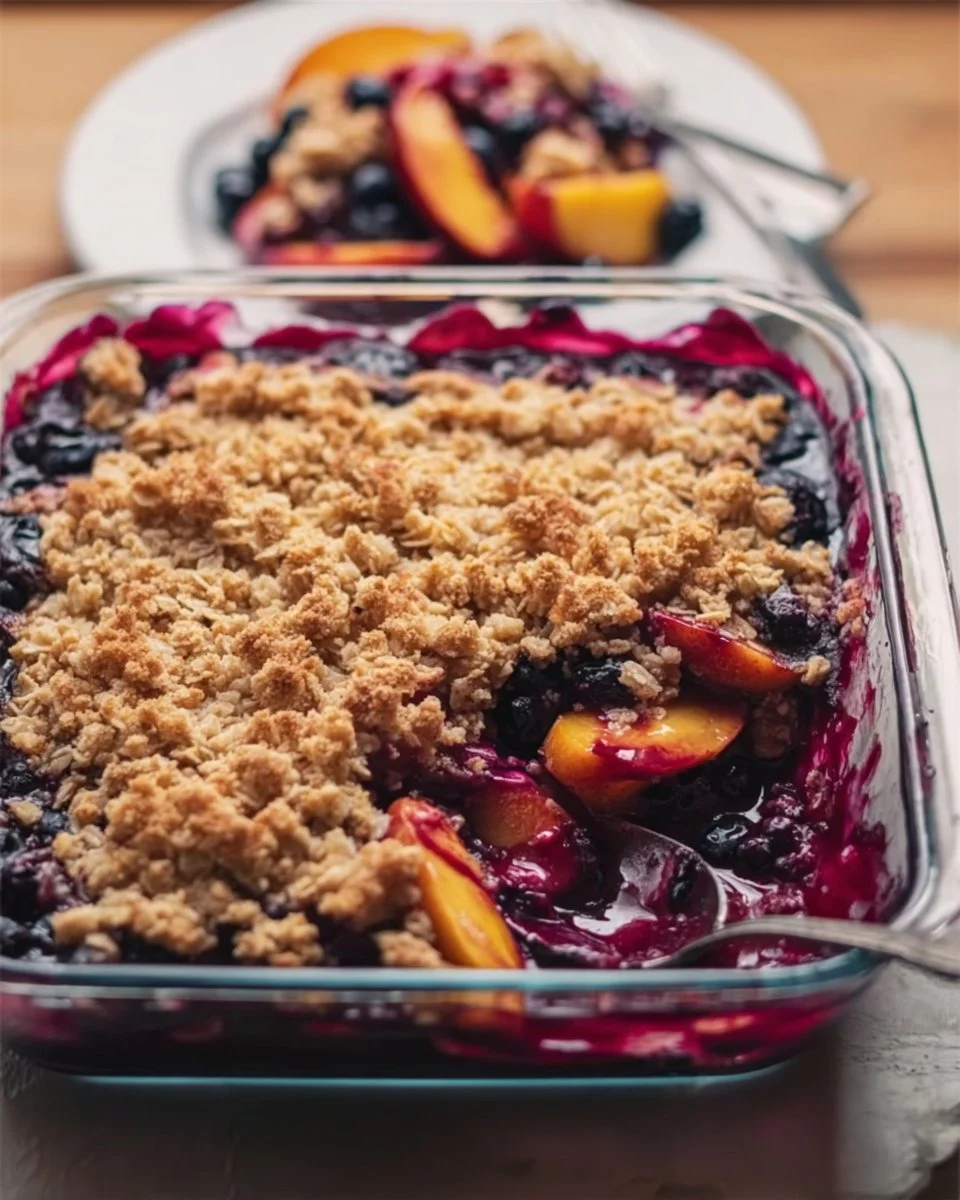 Delicious Blueberry Peach Crisp dessert with blueberries and peaches