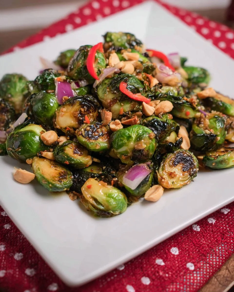 Brussels sprouts with spicy dressing served on a plate