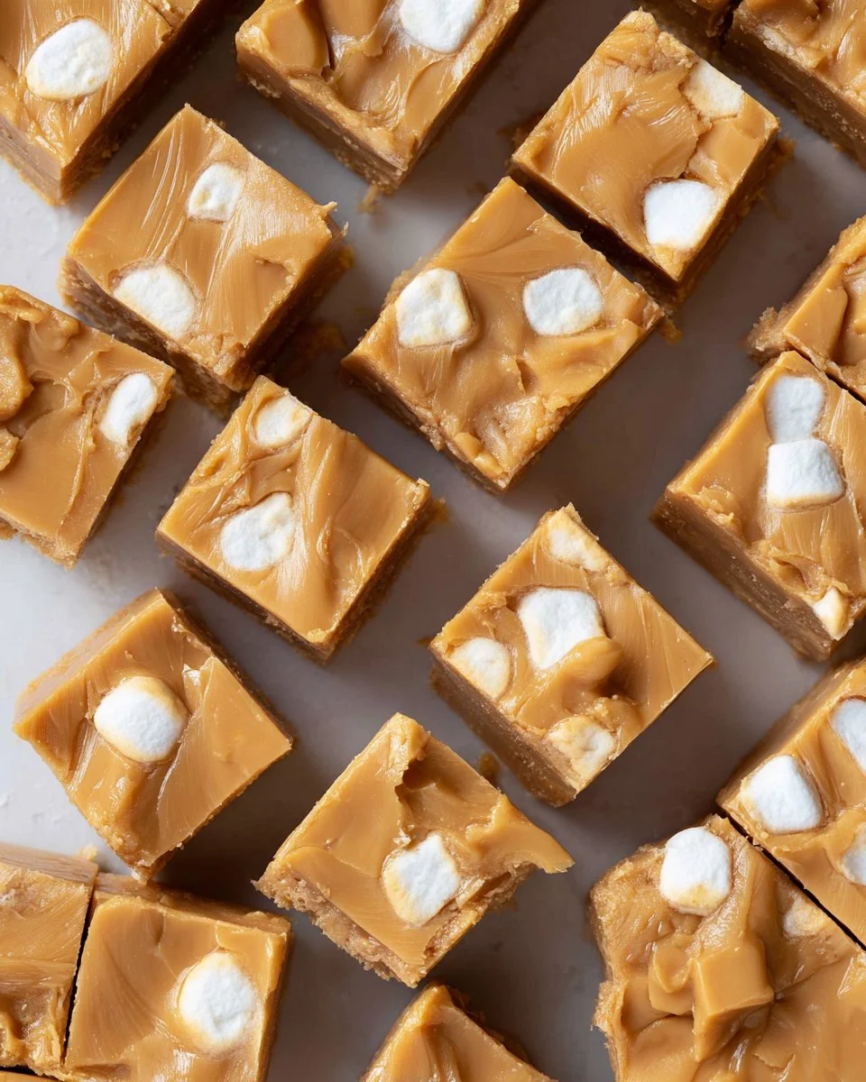 Delicious butterscotch marshmallow bars on a rustic wooden table.