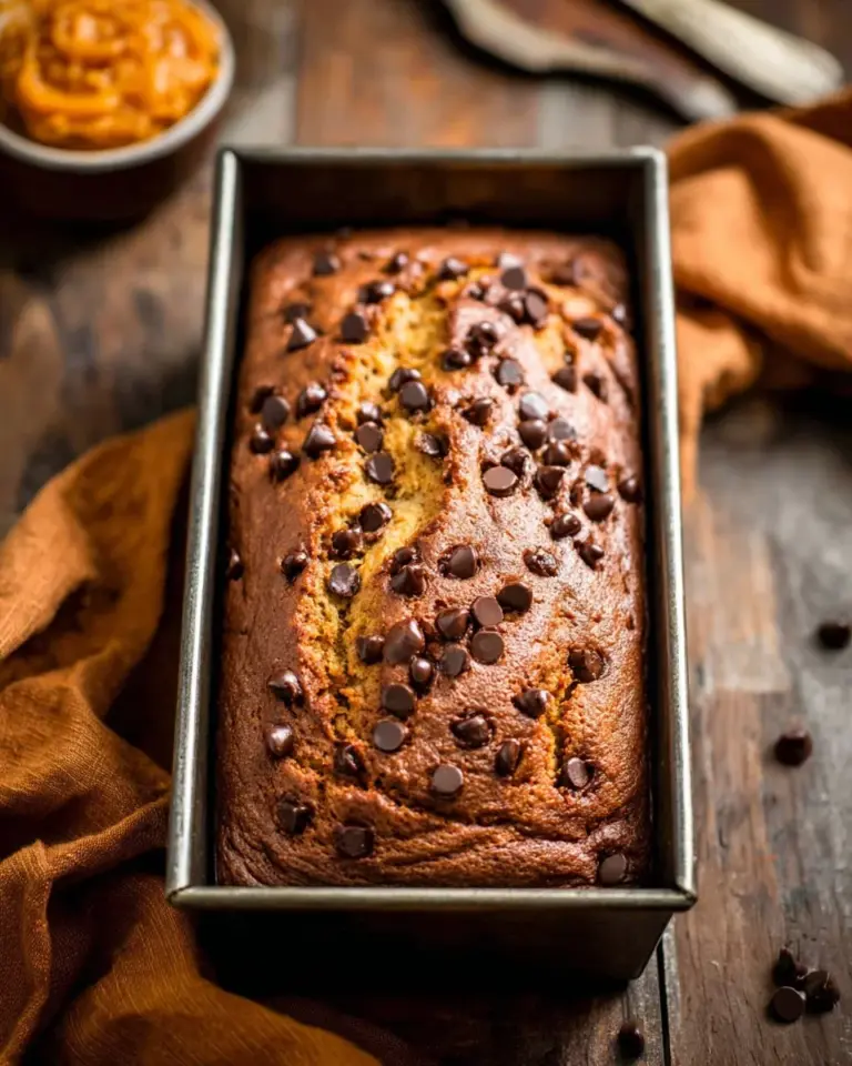 Sliced chocolate chip pumpkin bread on a wooden table