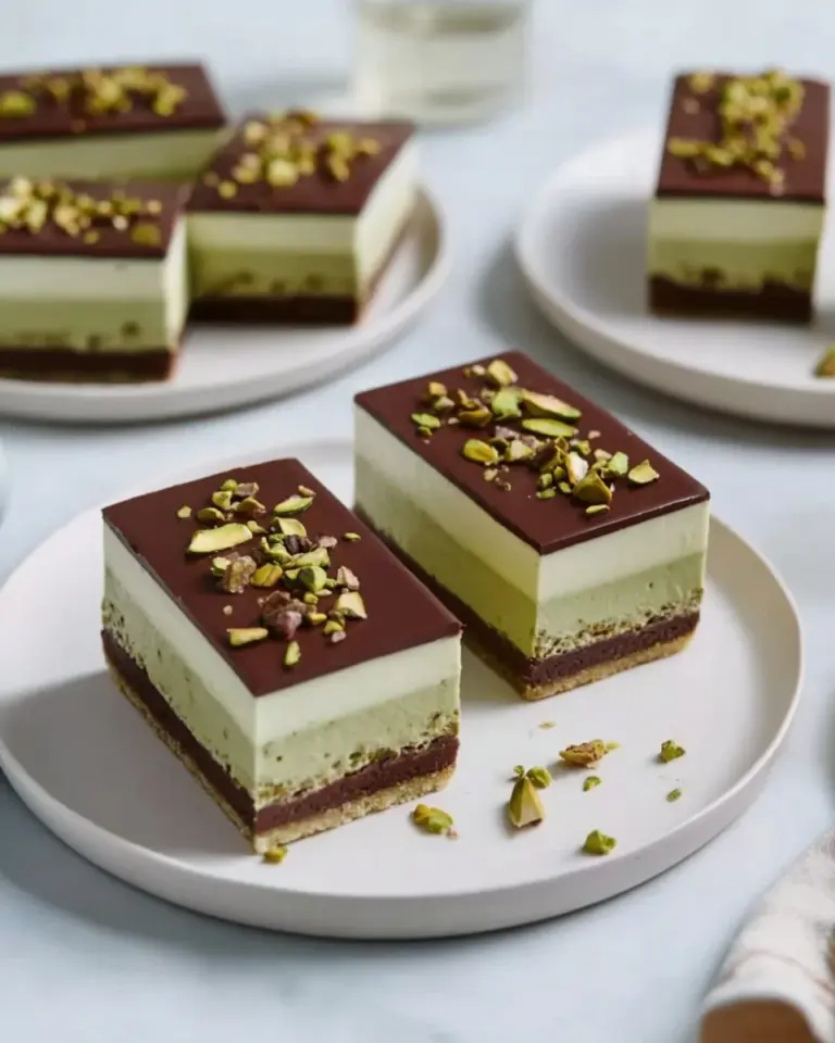 Chocolate Pistachio Cream Pie Bars with a creamy filling and pistachio topping