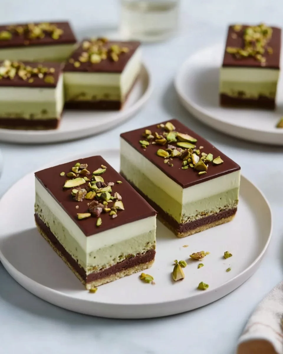Chocolate Pistachio Cream Pie Bars with a creamy filling and pistachio topping