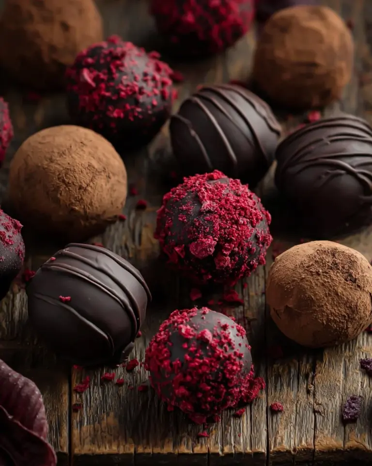 Delicious Chocolate Raspberry Truffles sprinkled with cocoa powder
