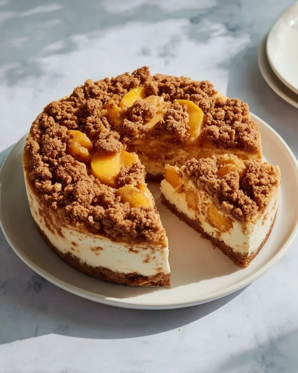 Cinnamon Streusel Peach Cobbler Cheesecake