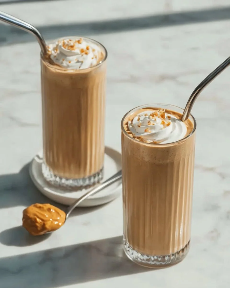 Delicious Coconut Coffee Smoothie in a glass with coconut and coffee beans