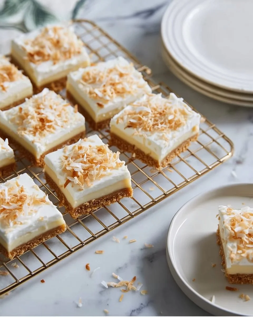 Delicious Coconut Cream Pie Bars topped with whipped cream and coconut flakes