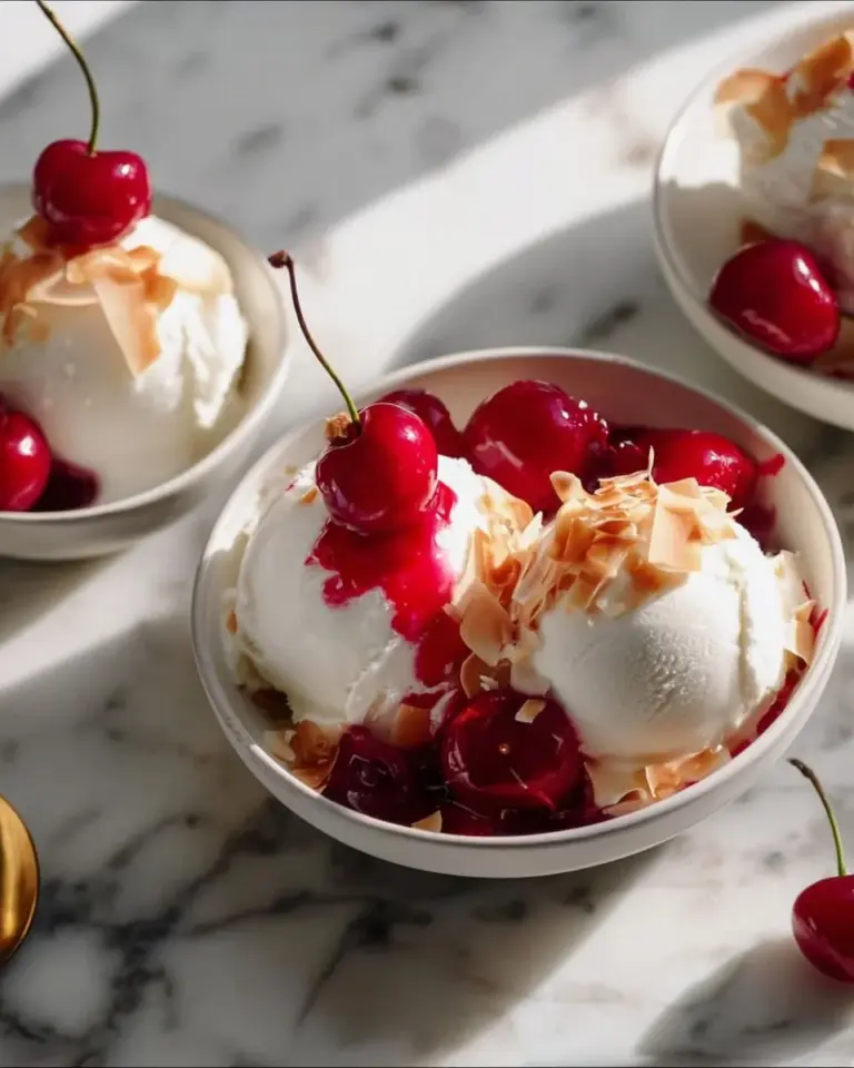Delicious coconut ice cream with homemade cherry sauce drizzled on top