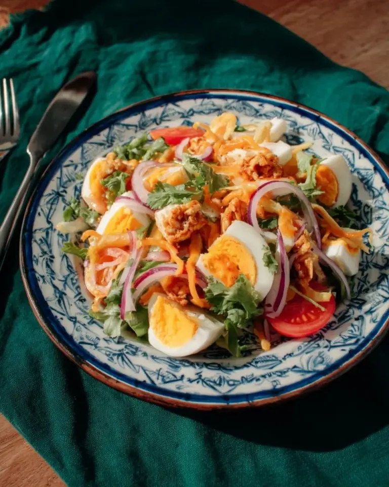 Crispy fried egg salad served with fresh greens and vegetables.