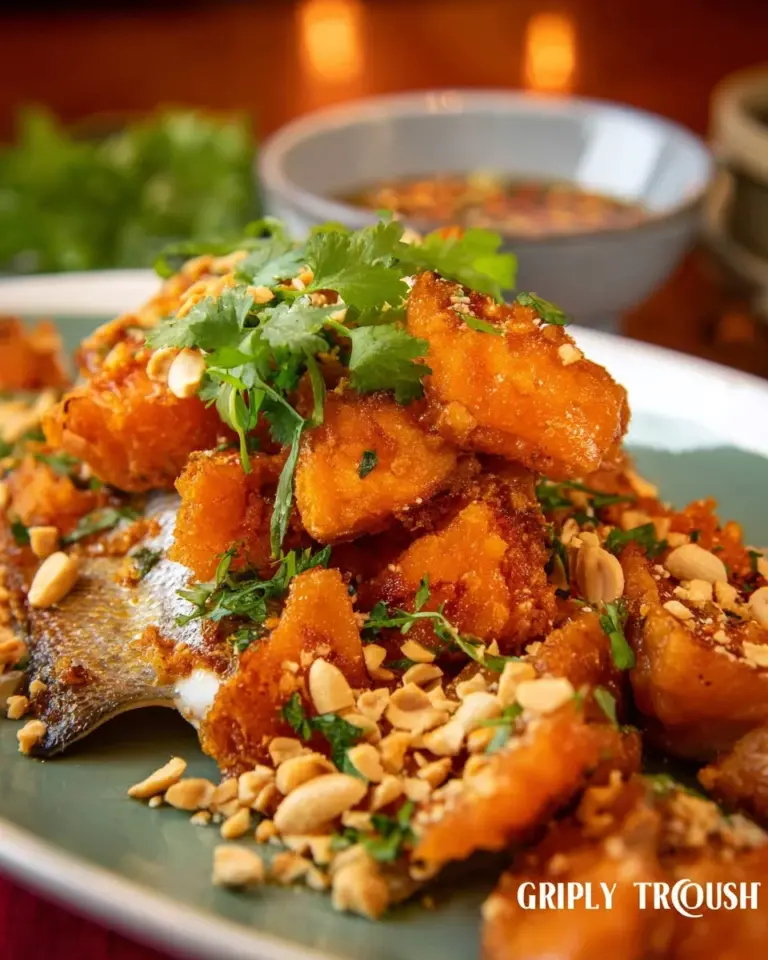 Crispy garlic fish garnished with fresh herbs, showcasing its delicious texture and flavor.