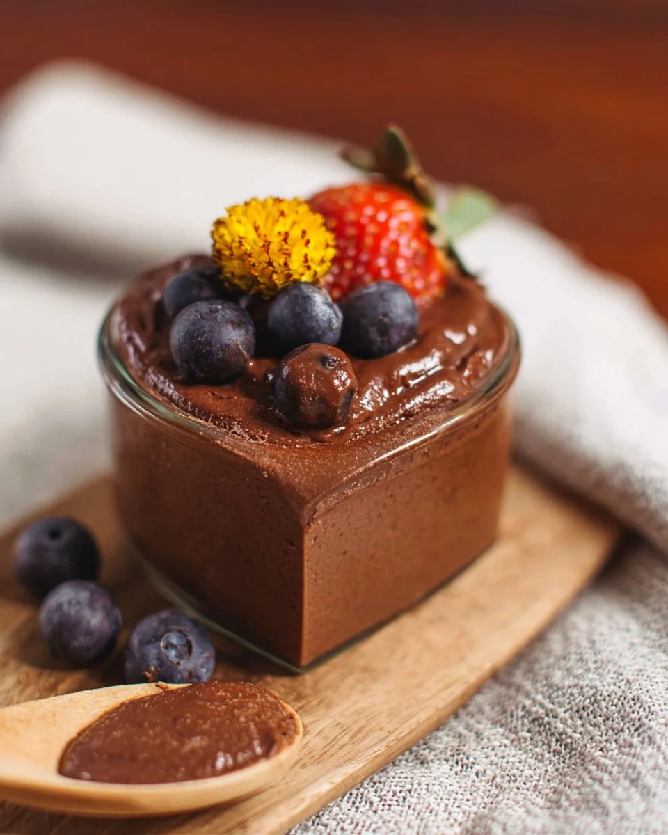 Deliciously creamy tofu chocolate mousse topped with chocolate shavings.