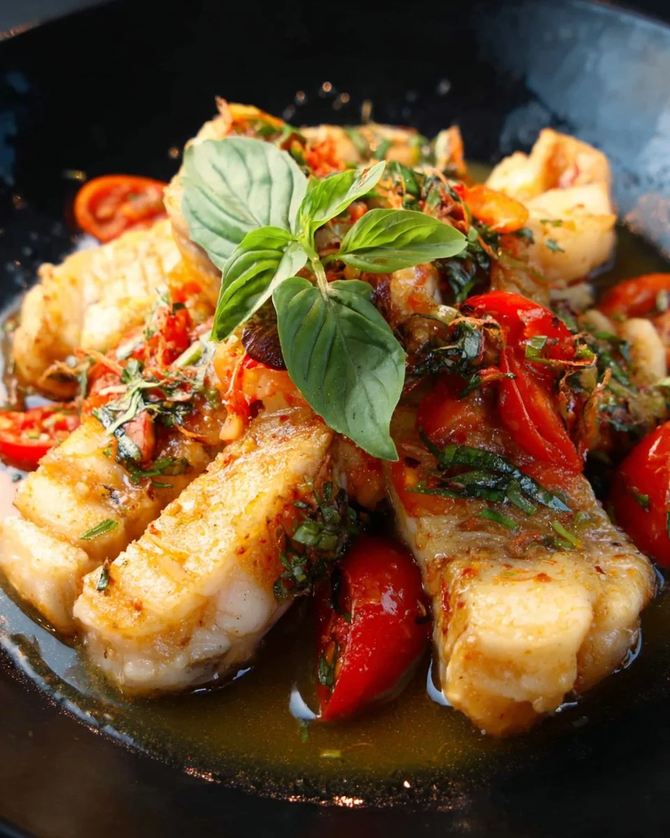 Colorful Fish and Herbs Stir-Fry in a skillet, showcasing fresh ingredients.
