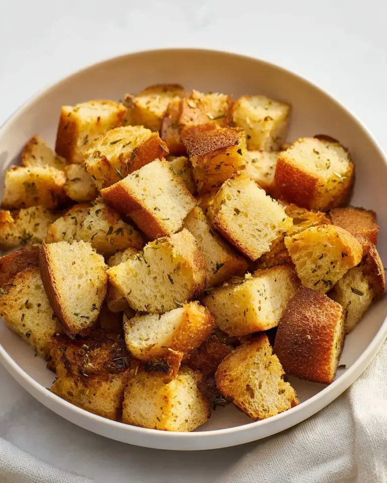 Homemade croutons in a bowl, perfect for enhancing salads and soups.