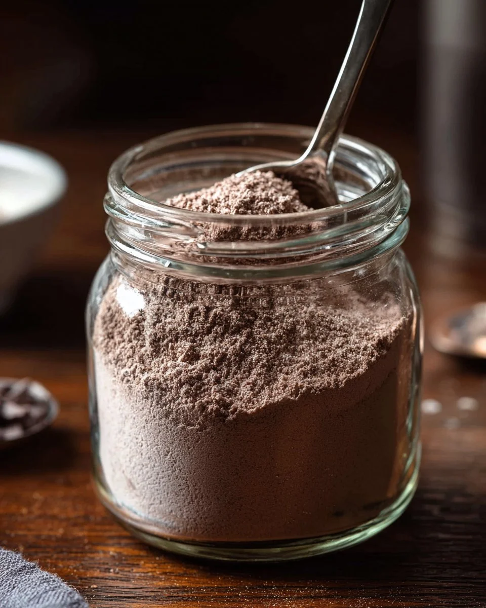 Big batch of homemade hot cocoa mix in a jar with cocoa powder and marshmallows