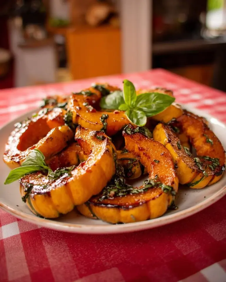 Delicious caramel roasted kabocha squash served on a plate with herbs