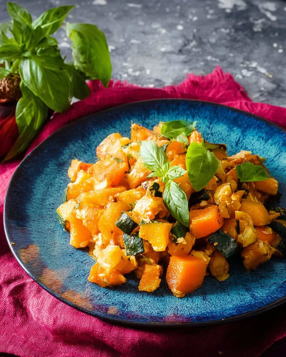 Delicious Kabocha Squash stir-fry with colorful vegetables and seasoning.