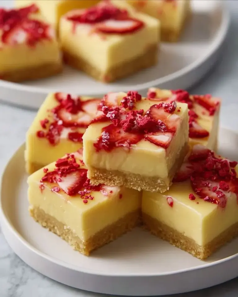 Lemon bars topped with freeze-dried strawberries on a plate