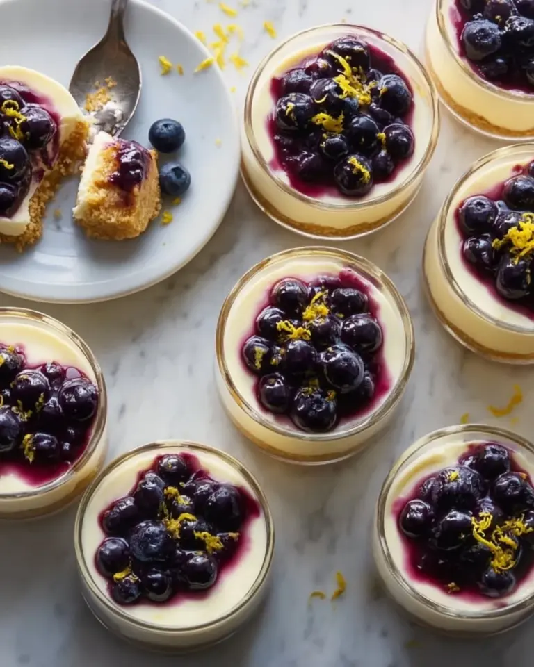Lemon Blueberry Cheesecake Cups served in elegant dessert glasses.