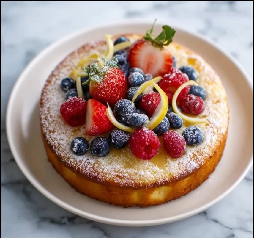 Lemon Olive Oil Vanilla Cake topped with fresh berries