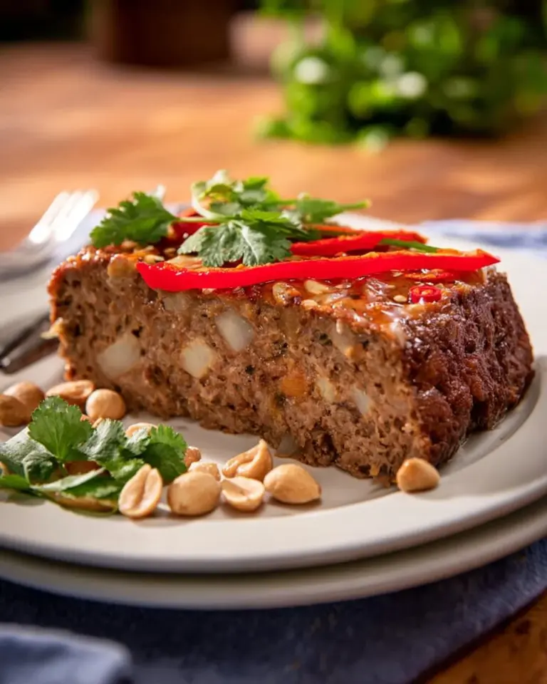 Delicious Massaman Curry Meatloaf garnished with fresh herbs.