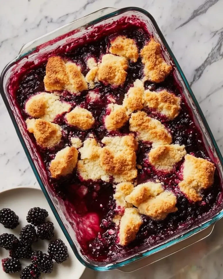 Delicious Mulberry Dump Cake topped with fresh mulberries and a golden crust