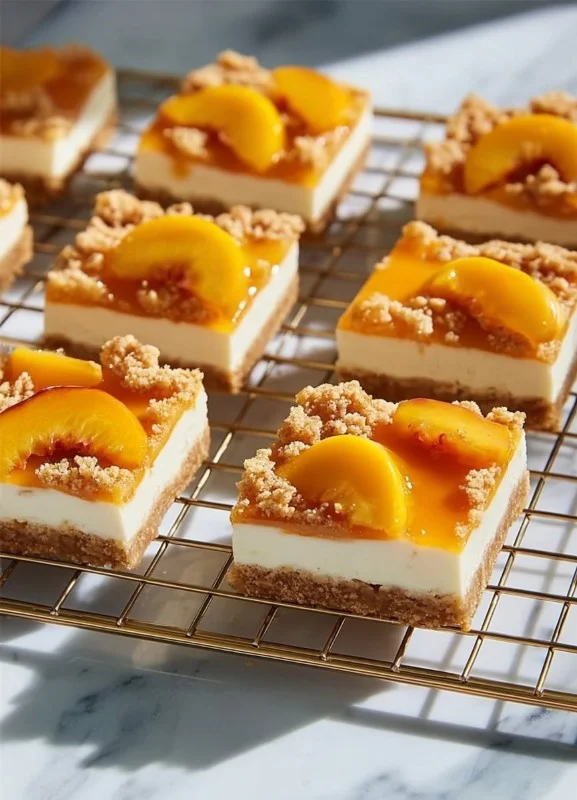 No Bake Peach Cobbler Cheesecake Bars topped with fresh peaches and crumble.
