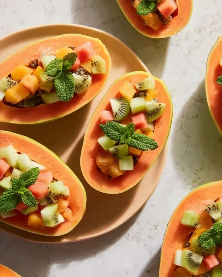 Delicious Papaya Lime Boats filled with fresh fruit and lime juice.