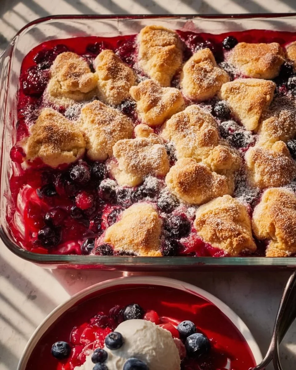 Delicious patriotic cherry cobbler with berries and a crumbly topping