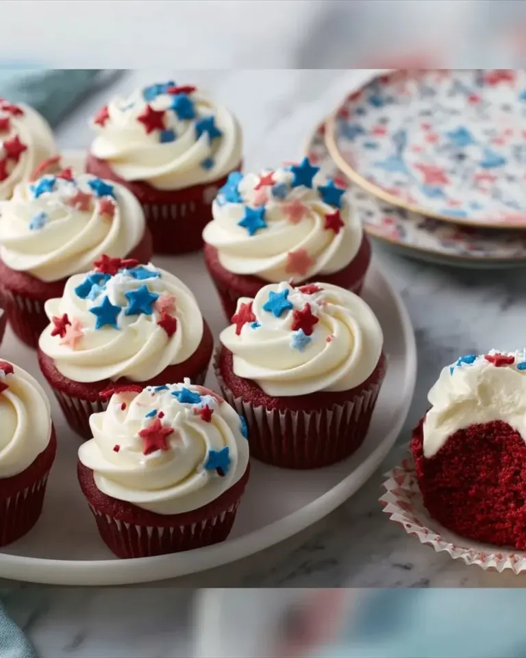 Delicious patriotic red velvet cupcakes decorated with cream cheese frosting.