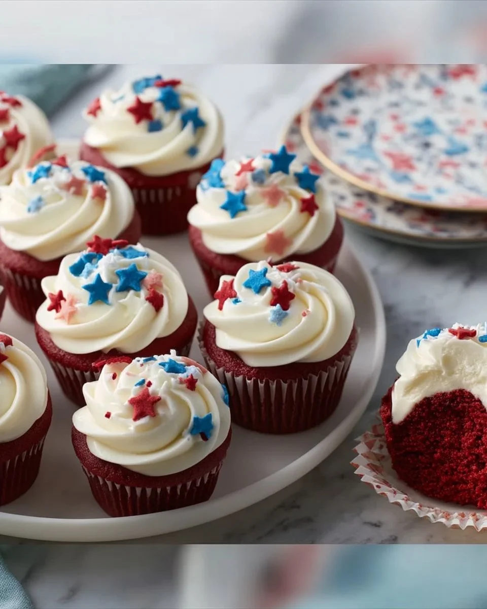 Delicious patriotic red velvet cupcakes decorated with cream cheese frosting.