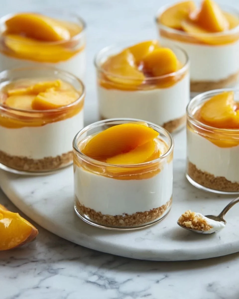 Delicious peach cheesecake cups topped with fresh peach slices