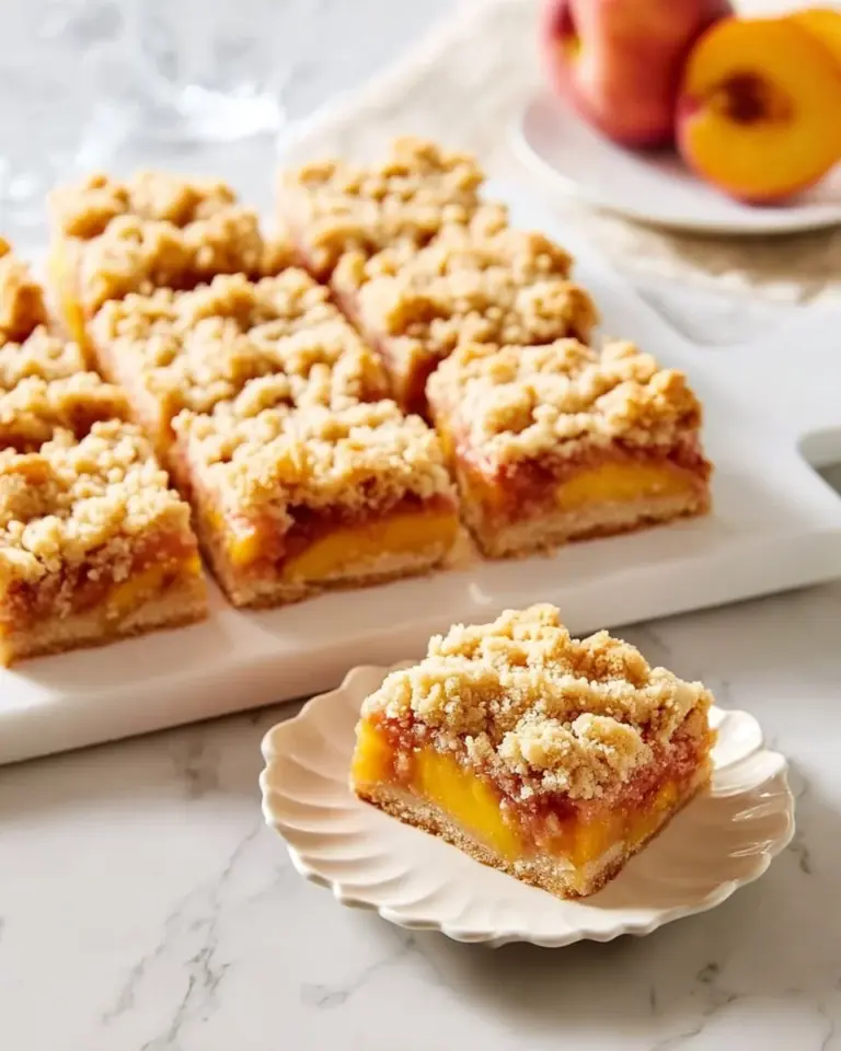 Peach crumble bars with a golden crust and fresh peach filling