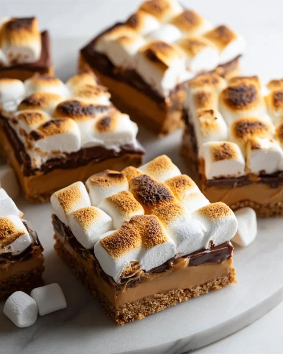 Peanut Butter S'mores Bars with chocolate and marshmallows