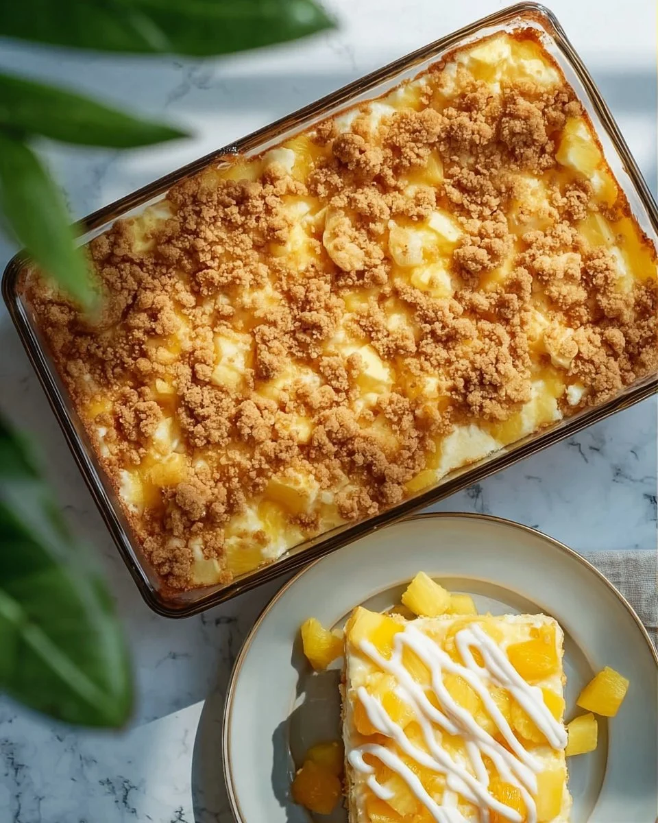 Delicious Pina Colada Dump Cake topped with coconut and pineapple
